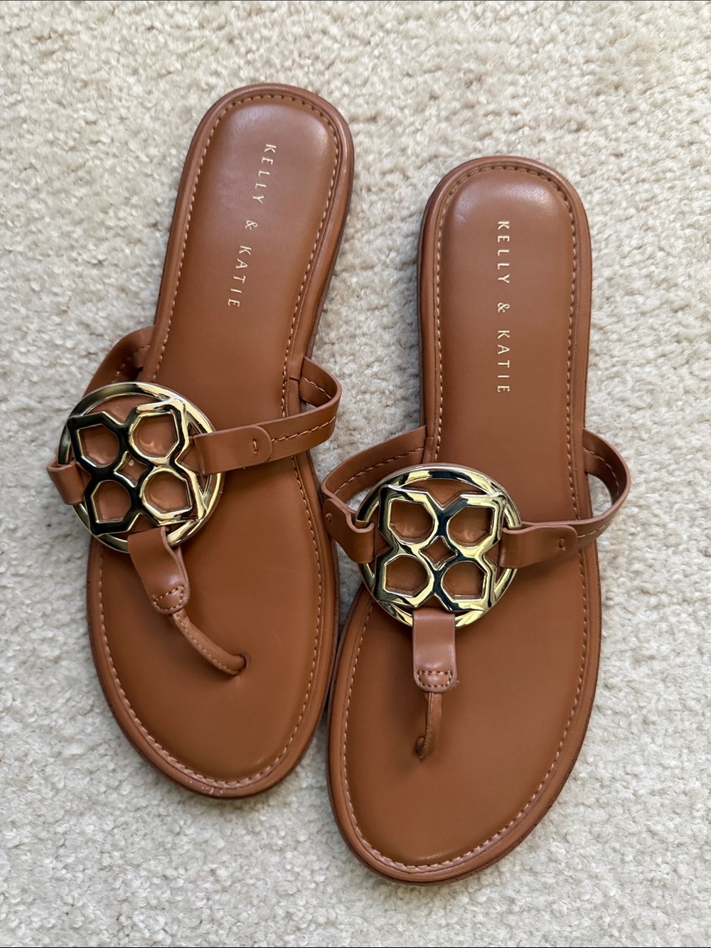 Kelly & Katie Cognac Leather Thong Sandals with Gold Accent